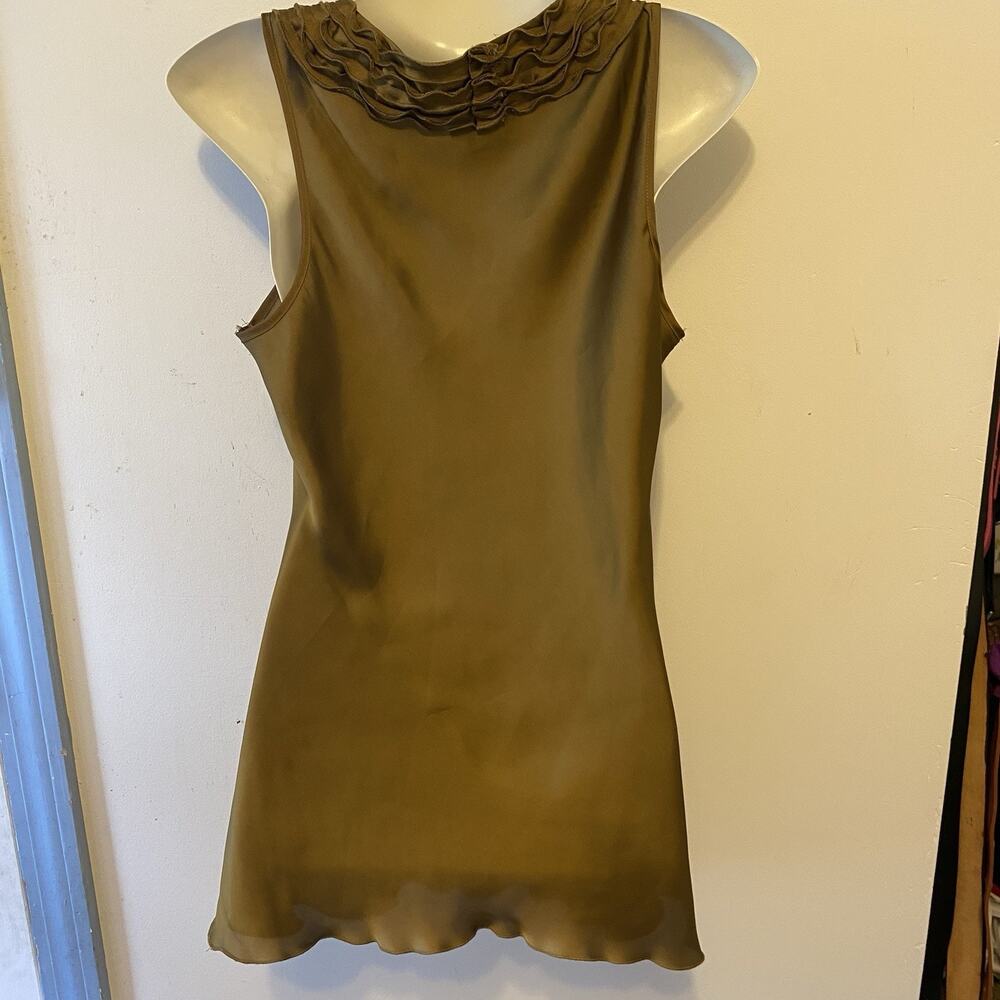 Spense Women M Sleeveless Slip Mini Dress Satin Olive Round Neck Ruffle Romantic - Picture 9 of 9